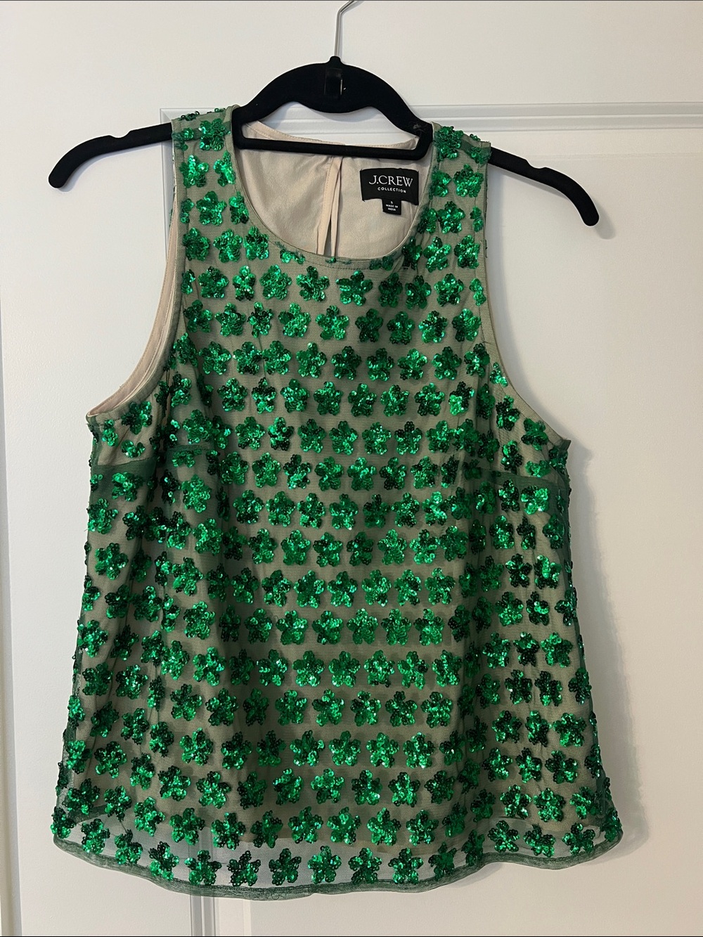 J. Crew Green Sequin Floral Mesh Sleeveless Tank